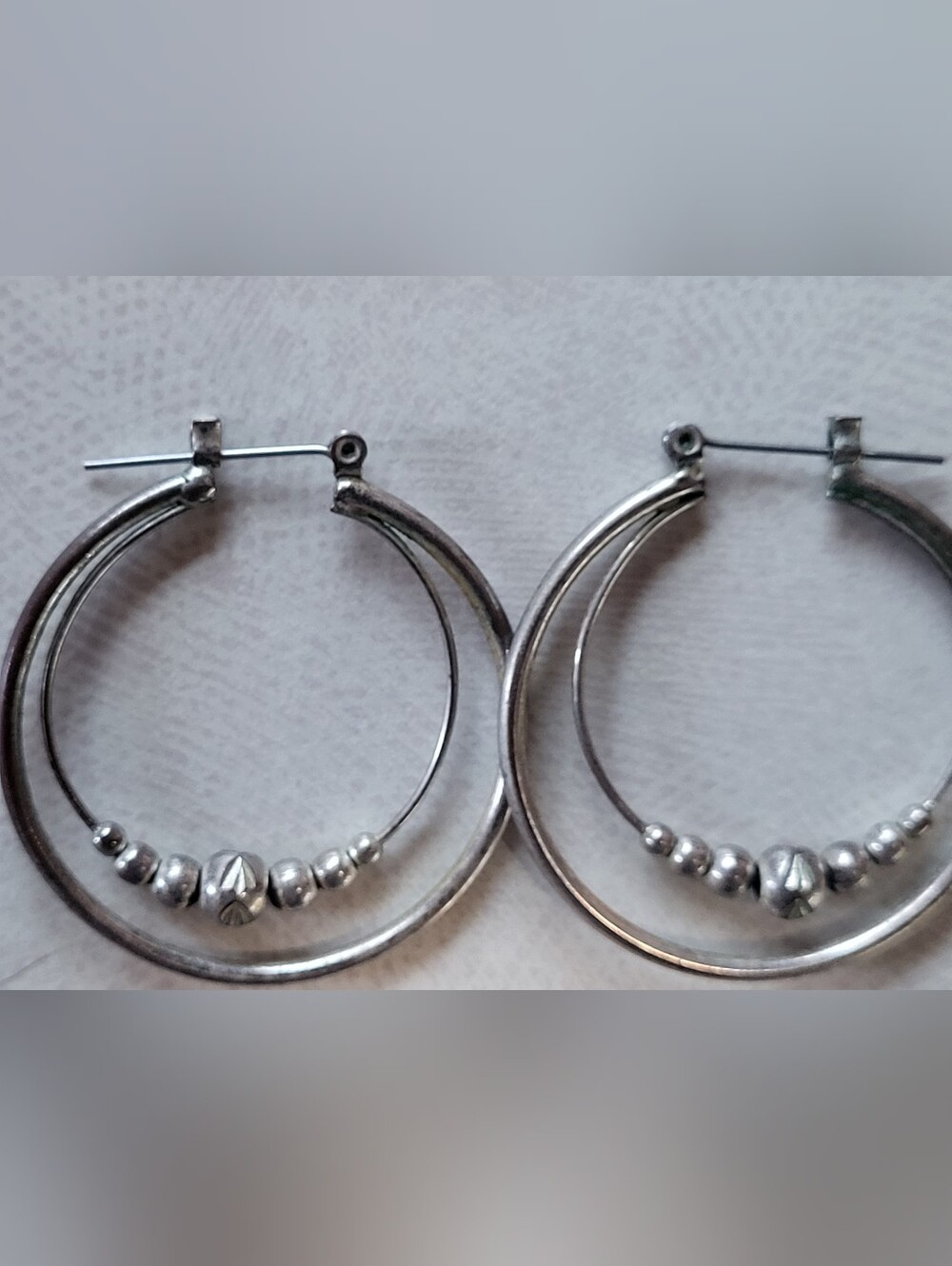 Vintage Double Hoop Earrings Beaded Inner Accent Chic Silver Tone Boho
